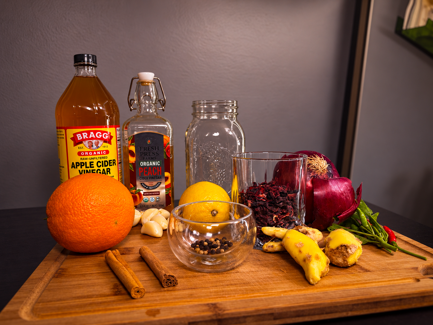 Ingredients for hibiscus fire cider on a cutting board